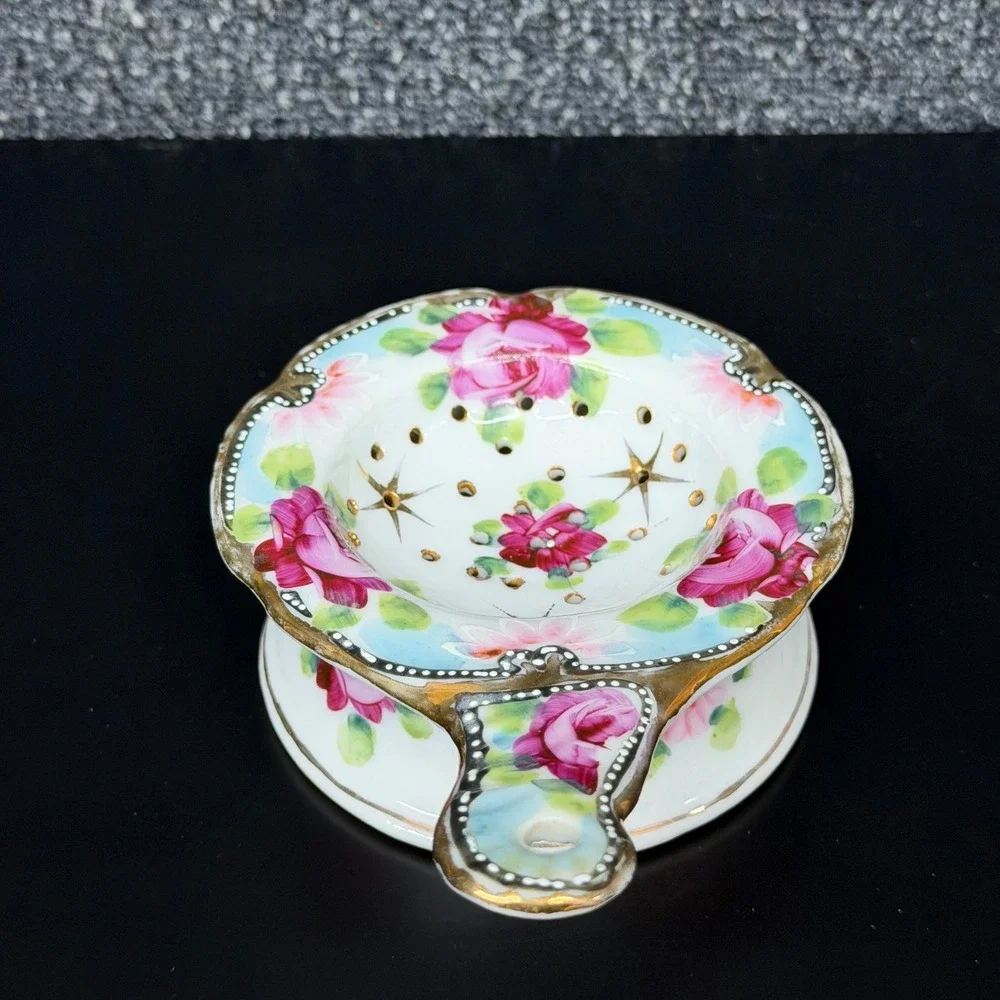 Vintage Japan Porcelain Tea Strainer Drip Bowl Pink Roses Gold Gilt Floral Set